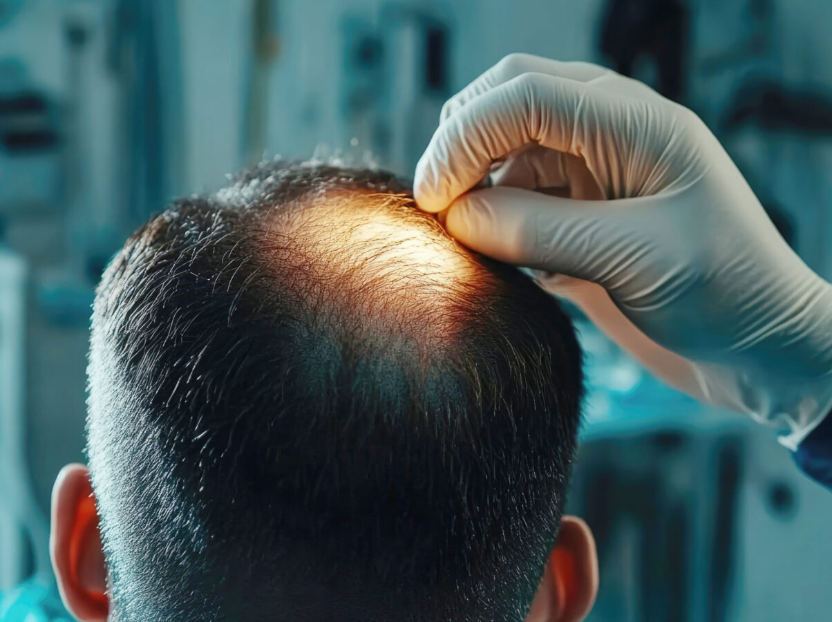 A health care worker examines the scalp of a balding patient under spotlights at the area of ​​the head where a hair transplant will be performed